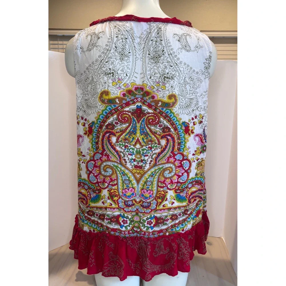 Bila Womens Large Boho Paisley Sleeveless Tassel Tie Neck Ruffle Hem Rayon Top